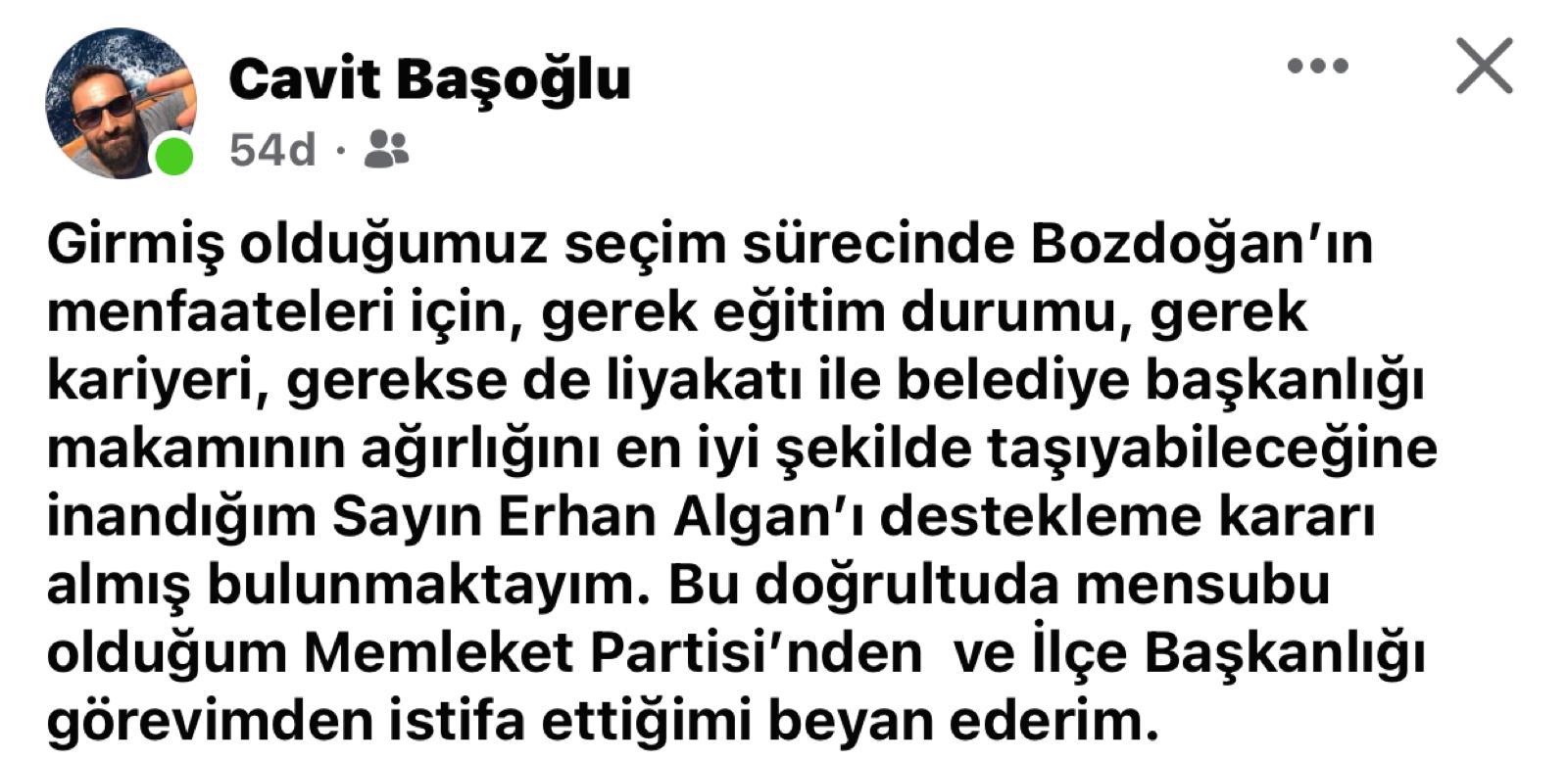 Bozdoğan'da İYİ Parti’nin adayı Erhan Algan'ı desteklemek için başkanlıktan istifa etti