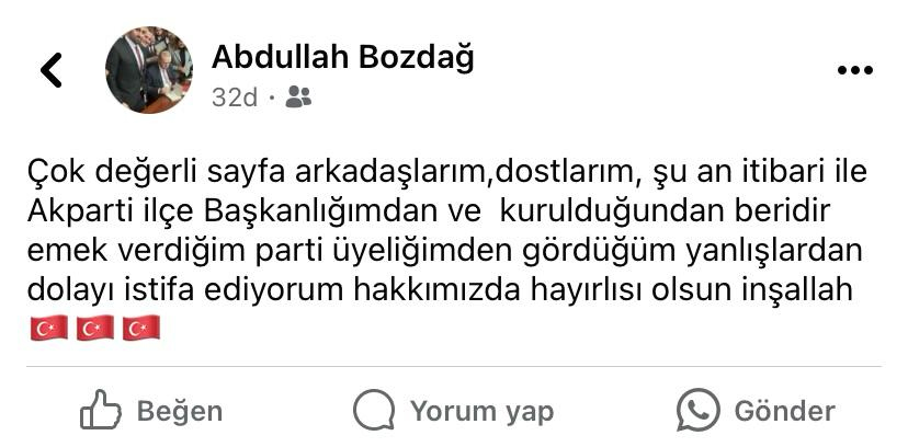 AK Parti Sultanhisar’da Şok İlçe Başkanı istifa etti.