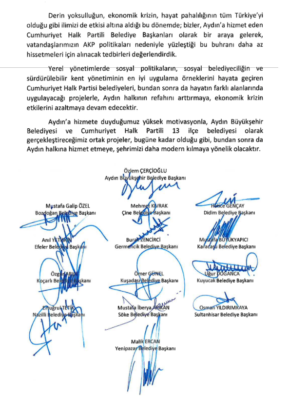 CUMHURİYET HALK PARTİLİ BELEDİYE BAŞKANLARINDAN BASIN BİLDİRİSİ