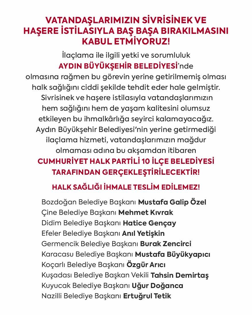 AYDIN'DA CHPLİ 10 BELEDİYE BAŞKANINDAN ORTAK İRADE  İLAÇLAMA ÇALIŞMASI BAŞLIYOR
